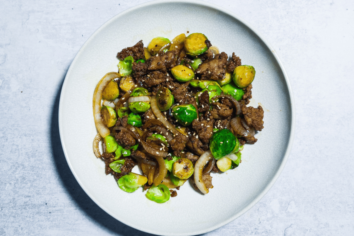 One Pan Black Pepper & Garlic Beef and Sprout Stir Fry